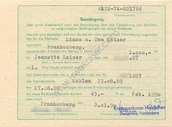 Bestätigung über 1000 Mark Krediterlaß